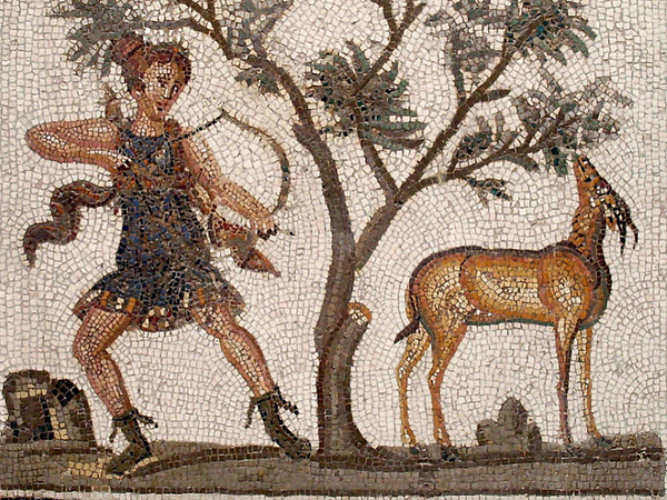 Mosaik mit einer Person mit Bogen und einem Tier
