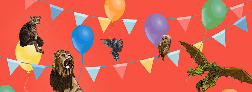 Illustration: Mehrere Tiere (Löwe, Dohle, Katze, Eule, Drache) sowie Ballone und eine Wimpelkette auf rotem Hintergrund.