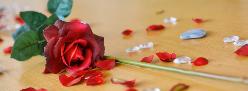 Eine Rose mit Blättern, Steinen und weiteren Dekorationen liegt auf einem Tisch; dies als Zeichen für Hochzeit und Trauung.