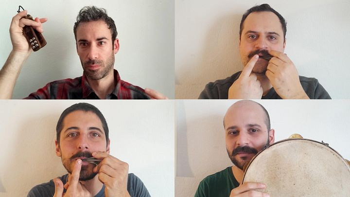 Collage mit vier Männern (inkl. Musikinstrumenten)