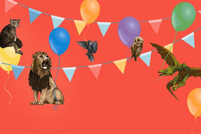 Illustration: Mehrere Tiere (Löwe, Dohle, Katze, Eule, Drache) sowie Ballone und eine Wimpelkette auf rotem Hintergrund.