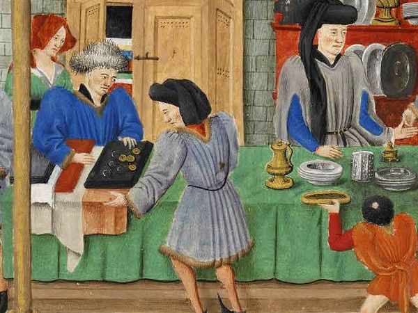 Mittelalterliche Manuskript-Illustration einer Marktszene aus dem 15. Jahrhundert. Bei einem Marktteilnehmer ist um die Hüfte eine Geldkatze sichtbar.