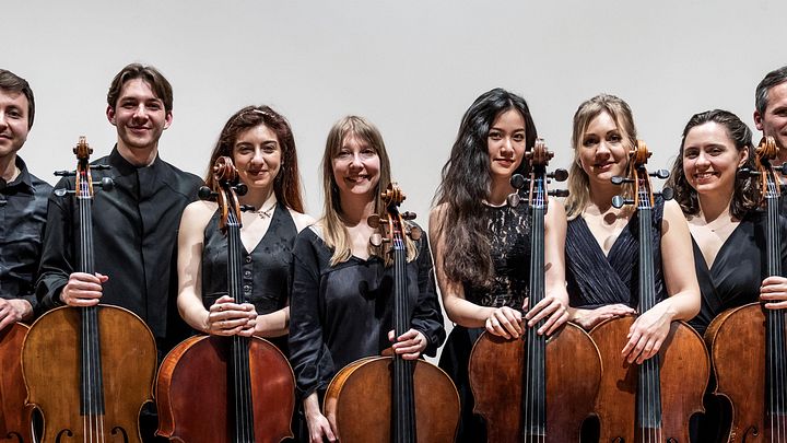 Gruppenbild: Acht Musikerinnen und Musiker mit ihren Celli stehen nebeneinander.