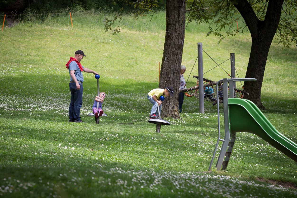 Eine Frau und mehrere Kinder auf der Wiese im Spielplatz von Schloss Wildegg