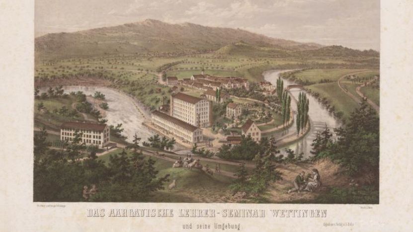 Lithographie Klosterhalbinsel Wettingen (1864).
