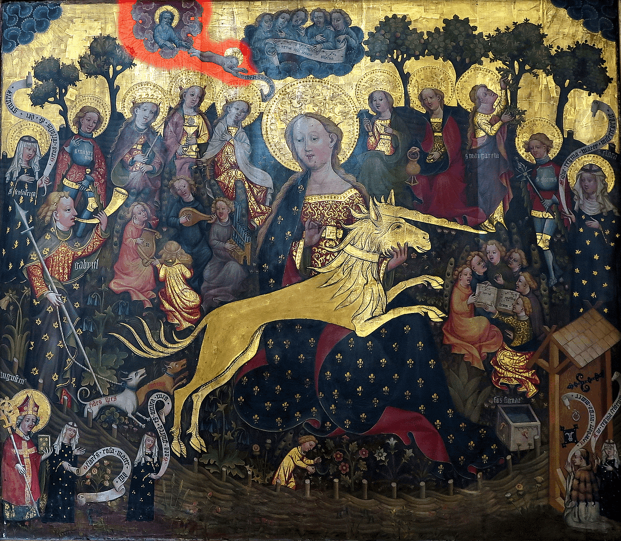 Erfurter Einhornaltar Abbildung eines Altars aus dem 14. Jh. Auffällig goldige Verzierungen, zu sehen sind versch. biblische Figuren. Im Fokus ist eine Frau samt Heiligenschein, welche das goldige Einhorn in den Händen hält.