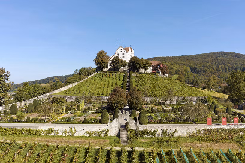 Schloss Wildegg mit dem Nutzgarten fotografiert von unten