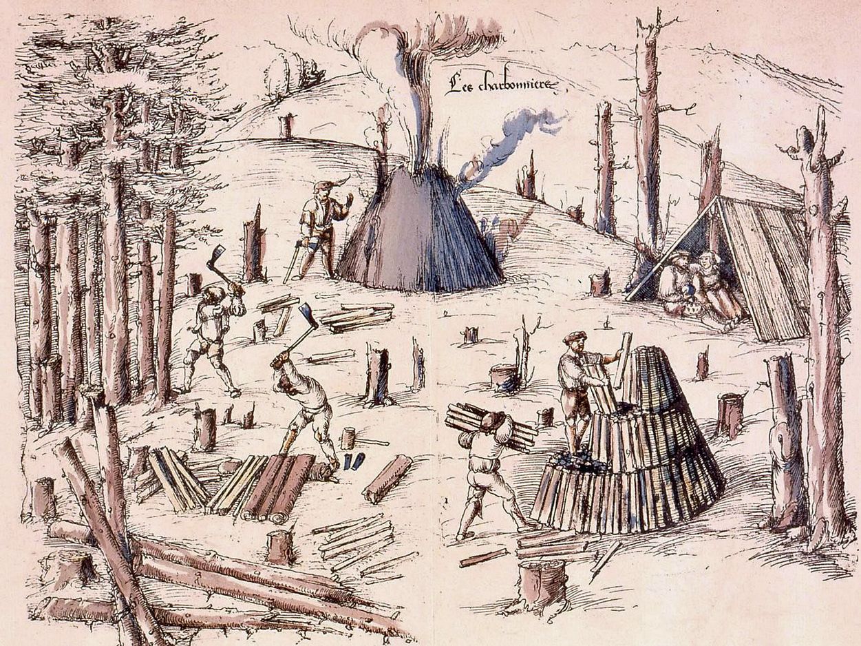 Zeichnung von Köhlerei im Wald um 1530.
