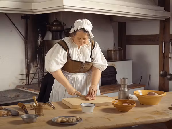 Eine als Köchin gekleidete Frau steht in der Schlossküche von Schloss Lenzburg und bereitet ein Gericht zu.