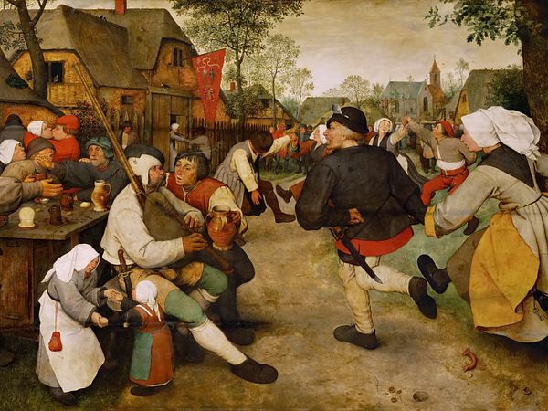 Bild von Bruegel: Ein Spielmann spielt auf der Sackpfeife zum Tanze auf.