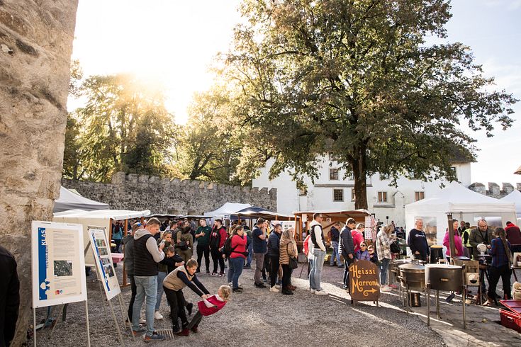 Blick in den Innenhof von Schloss Hallwyl an den Mosttagen. Viel Volk rund um Marktstände.