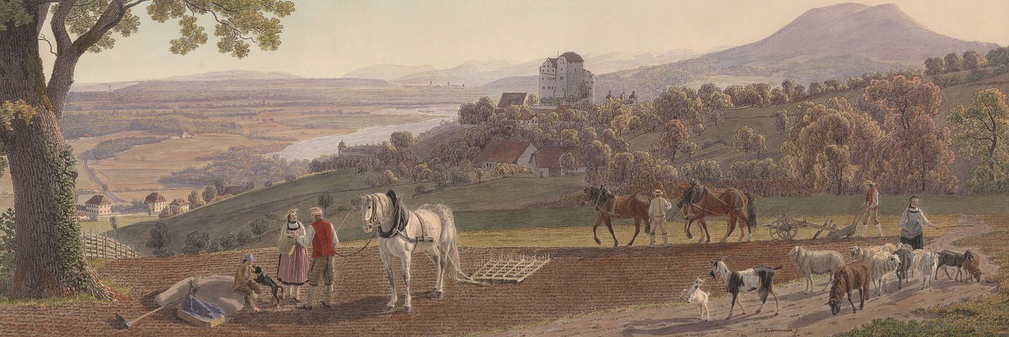 Kolorierte Umrissstich von Schloss Wildegg mit Landschaft (Menschen mit Pferden, Hunden, Ziegen, etc.)